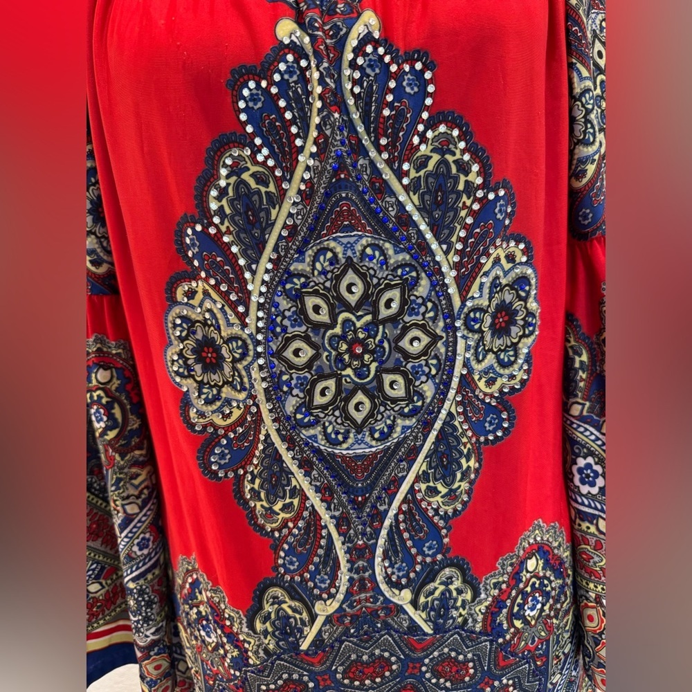 Urban Mangoz Red & Blue Medallion Relaxed Fit Cool Wrinkle Free Mini Dress- M - Picture 6 of 12